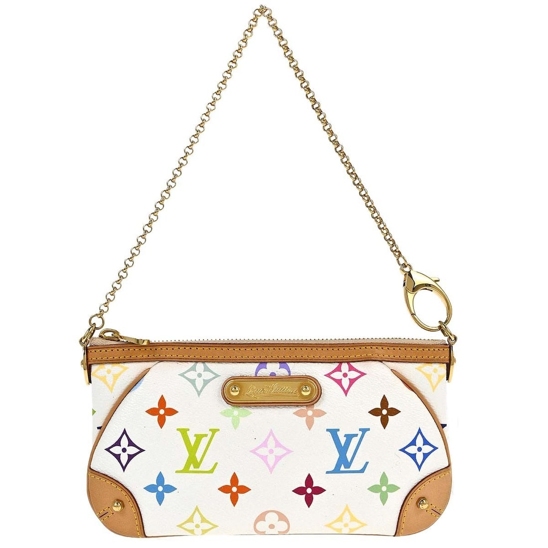 Louis Vuitton Multicolor Milla MM Pochette Chain Bag M60096 White Canvas: Louis Vuitton Multicolor Milla MM Pochette Chain Bag M60096 White Canvas This Louis Vuitton Multicolor Pochette Milla MM Chain Handbag features a white monogram multicolor canvas leather exterior with
