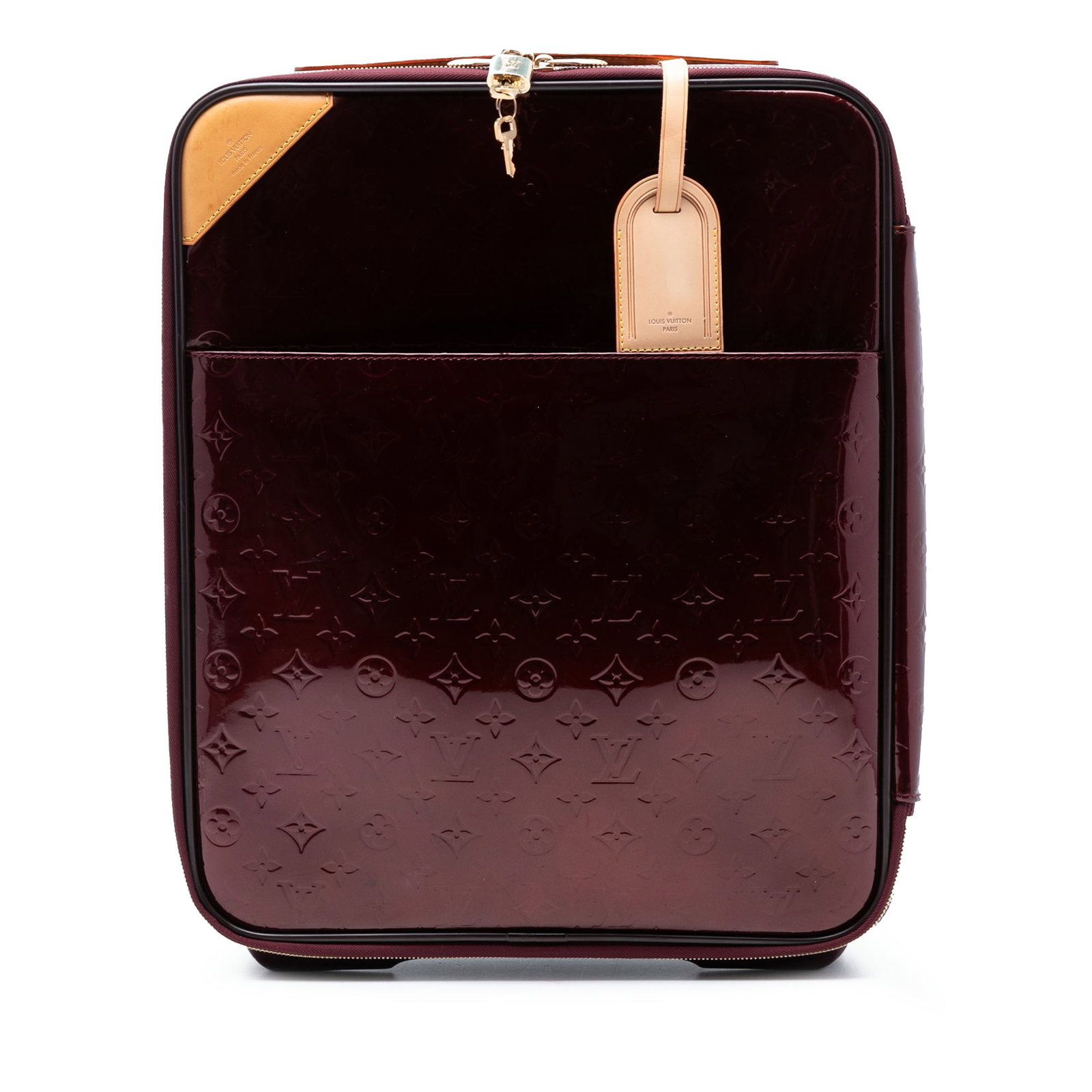Red Vernis Leather Pegase 45 Suitcase by Louis Vuitton: Red Vernis Leather Pegase 45 Suitcase by Louis Vuitton The Louis Vuitton Monogram Vernis Pegase 45 is a red travel bag crafted from vernis leather with vachetta leather trim. It features a flat leathe