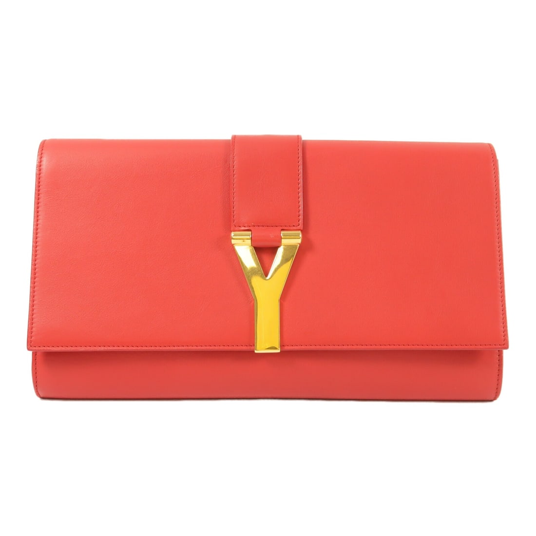 Red Calfskin Saint Laurent Clutch with Gold Hardware GLT311213: Red Calfskin Saint Laurent Clutch with Gold Hardware GLT311213 This Saint Laurent clutch bag is crafted from red calfskin leather and features gold tone hardware. Designed for women, it offers a