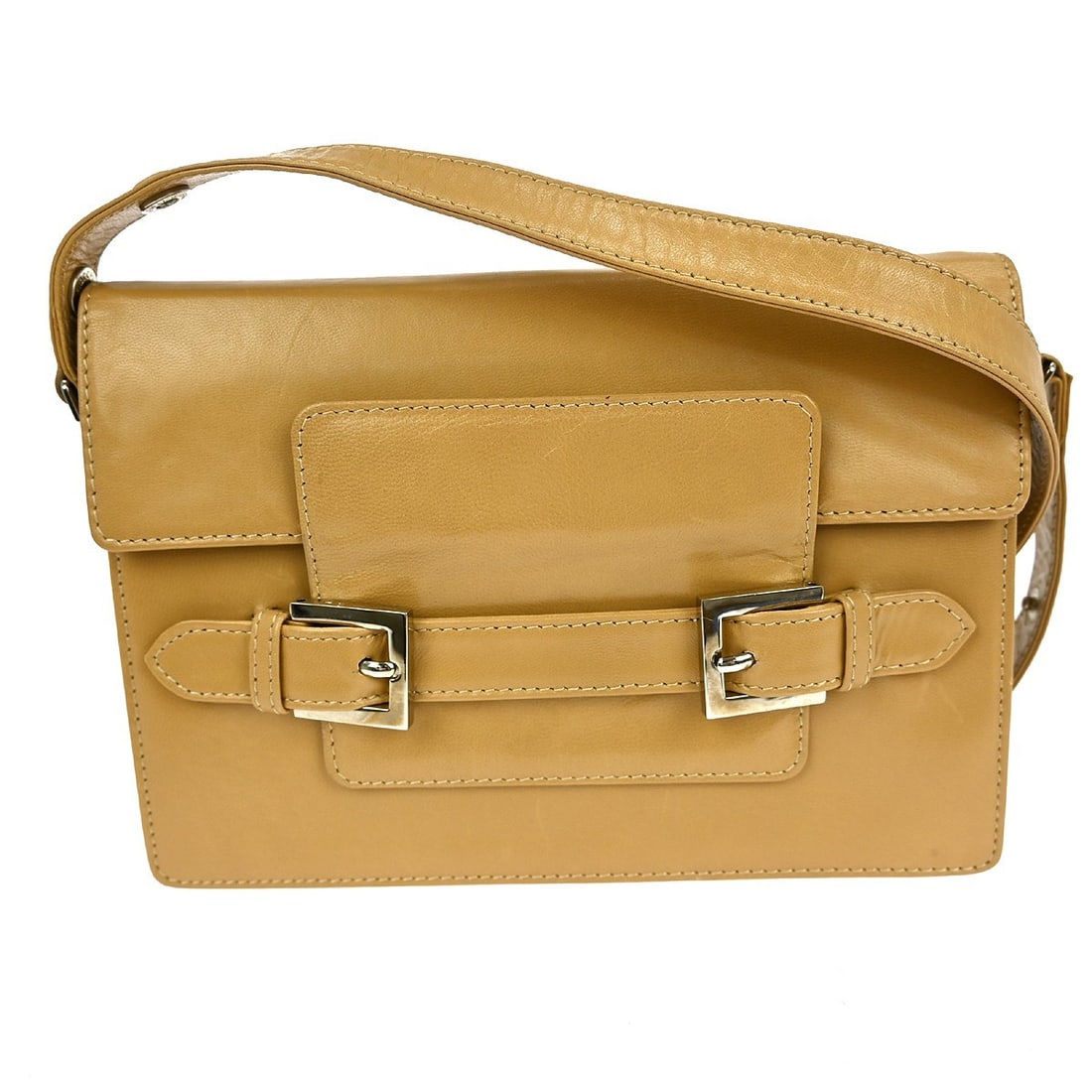 Fendi Medium Beige Leather Shoulder Bag with Gold Hardware and Logo Accent: Fendi Medium Beige Leather Shoulder Bag with Gold Hardware and Logo Accent This Fendi beige shoulder bag features a medium-sized silhouette crafted from leather with a matching beige leather shoulder 