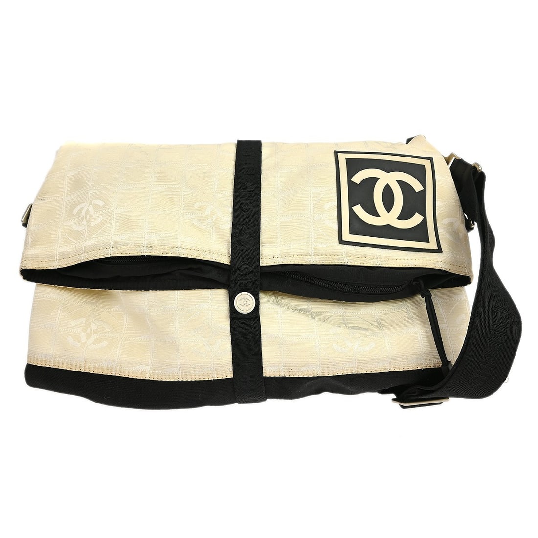 Chanel Sport Line Medium Ivory Nylon Shoulder Bag with Zip Closure: Chanel Sport Line Medium Ivory Nylon Shoulder Bag with Zip Closure This Chanel Sport Line shoulder bag features an ivory nylon exterior with a zip closure and a medium-sized silhouette. Designed with 