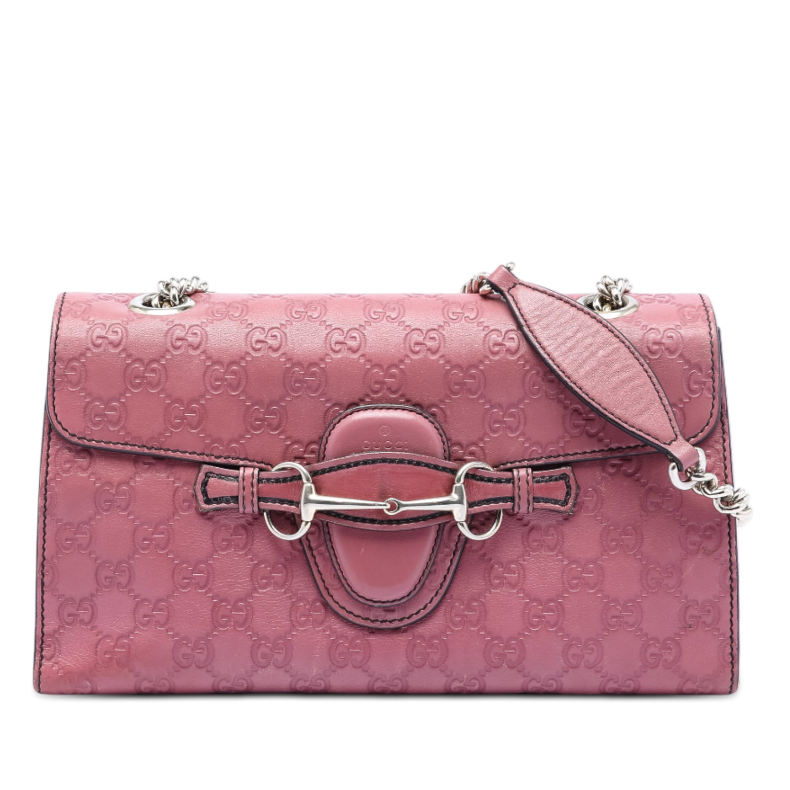 Gucci Emily Shoulder Bag in Pink Embossed Leather Medium Size: Gucci Emily Shoulder Bag in Pink Embossed Leather Medium Size This Gucci Medium Guccissima Emily Shoulder Bag features an embossed leather body in pink, a chain link shoulder strap with a leather guar