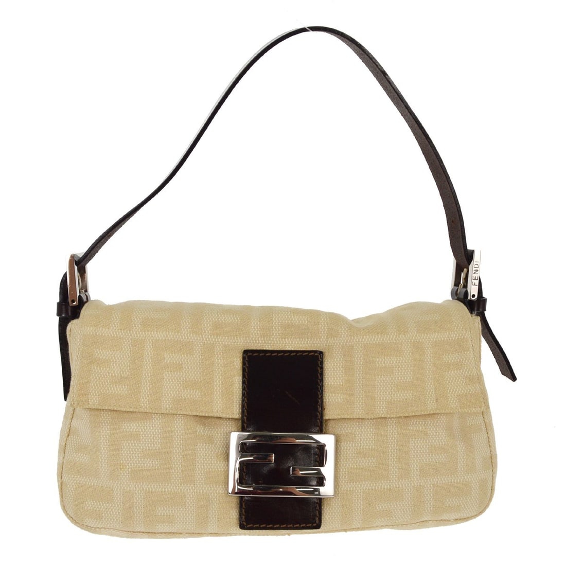 Beige Canvas Zucca Baguette Shoulder Bag by Fendi with Silver Hardware: Beige Canvas Zucca Baguette Shoulder Bag by Fendi with Silver Hardware This Fendi Beige Zucca Baguette Handbag features the classic logo canvas exterior and a medium-sized silhouette. It includes an a
