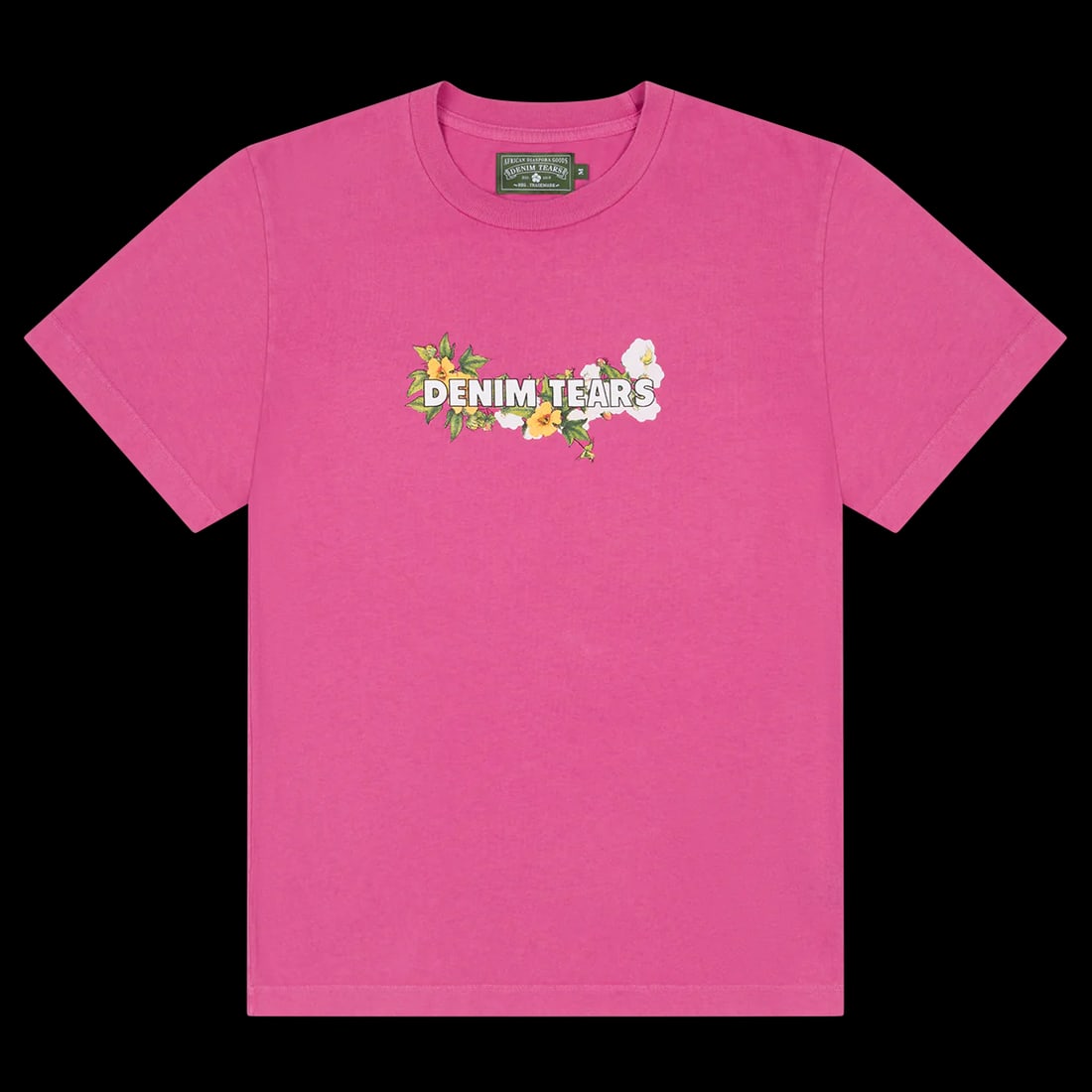 Pink Floral Logo Denim Tears Unisex Cotton T Shirt: Pink Floral Logo Denim Tears Unisex Cotton T Shirt This un-used Denim Tears Pink Floral Logo Tee is crafted from 100% premium cotton for a soft and breathable feel. It features the signature floral lo