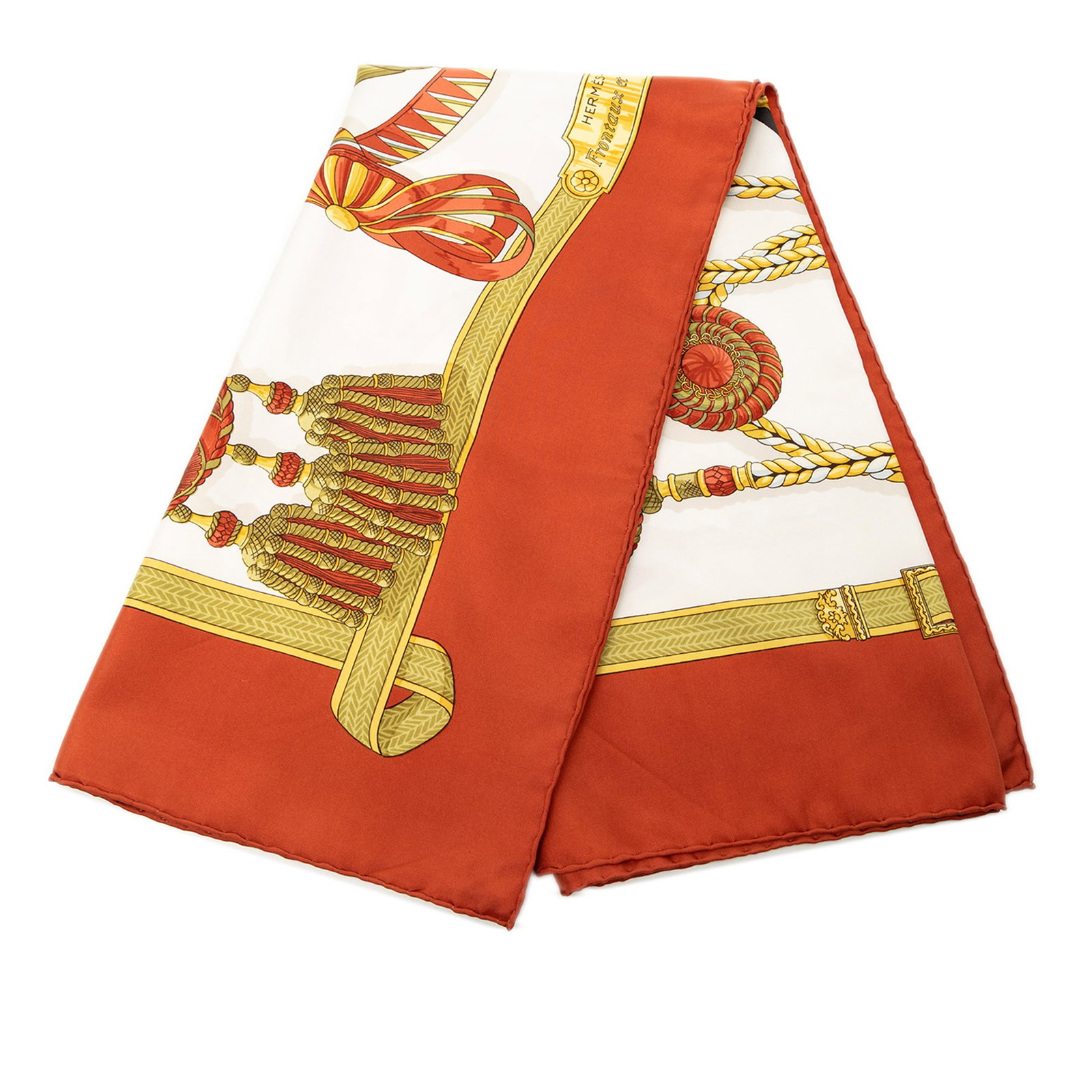 Hermes 90cm Frontaux et Cocardes White Silk Scarf from France: Hermes 90cm Frontaux et Cocardes White Silk Scarf from France This Hermes scarf features the Frontaux et Cocardes print on 100% silk in white. Made in France, it is an elegant accessory designed for v
