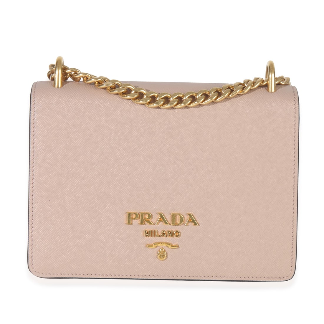 Prada Saffiano Lux Pink Chain Shoulder Flap Bag with Dustbag: Prada Saffiano Lux Pink Chain Shoulder Flap Bag with Dustbag This Prada Saffiano Lux Chain Shoulder Flap Bag features a pink and beige leather exterior with gold-tone hardware and a magnetic snap clos