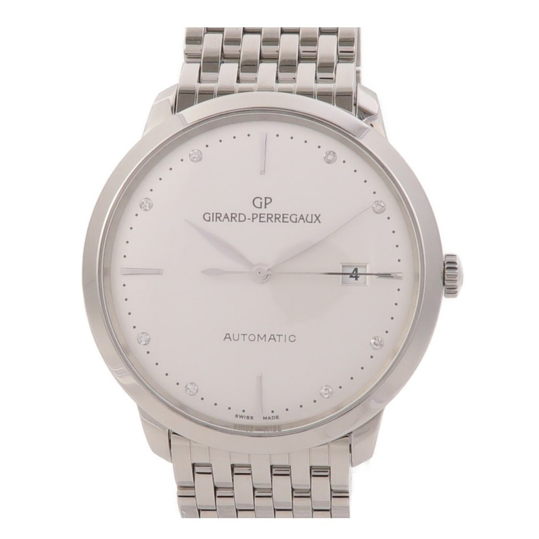 Stainless Steel Girard-Perregaux 49555-11-1A1-11A Silver Dial Automatic Watch: Stainless Steel Girard-Perregaux 49555-11-1A1-11A Silver Dial Automatic Watch This Girard-Perregaux 1966 automatic wristwatch features a stainless steel case and band with a refined silver dial. Desig