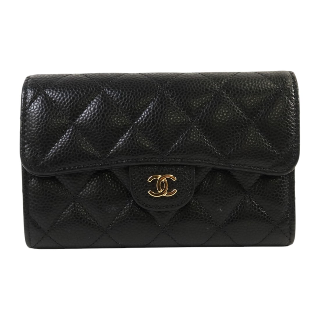 Chanel Classic Medium Black Calfskin Flap Bi-Fold Wallet with Gold Hardware: Chanel Classic Medium Black Calfskin Flap Bi-Fold Wallet with Gold Hardware This CHANEL Classic Medium Flap Wallet features a bi-fold design crafted from black calfskin leather. Designed for women, it