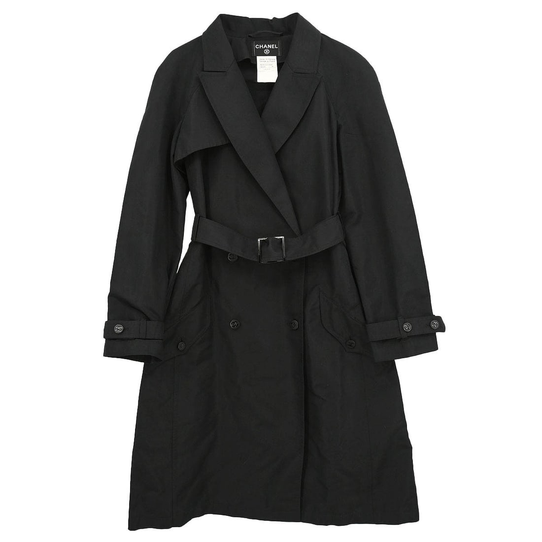 Black Silk Mid-Length Overcoat by Chanel Size 38: Black Silk Mid-Length Overcoat by Chanel Size 38 This Chanel mid-length overcoat is crafted from 100% silk in classic black. Designed for casual wear, it features a button closure and logo zipper acce