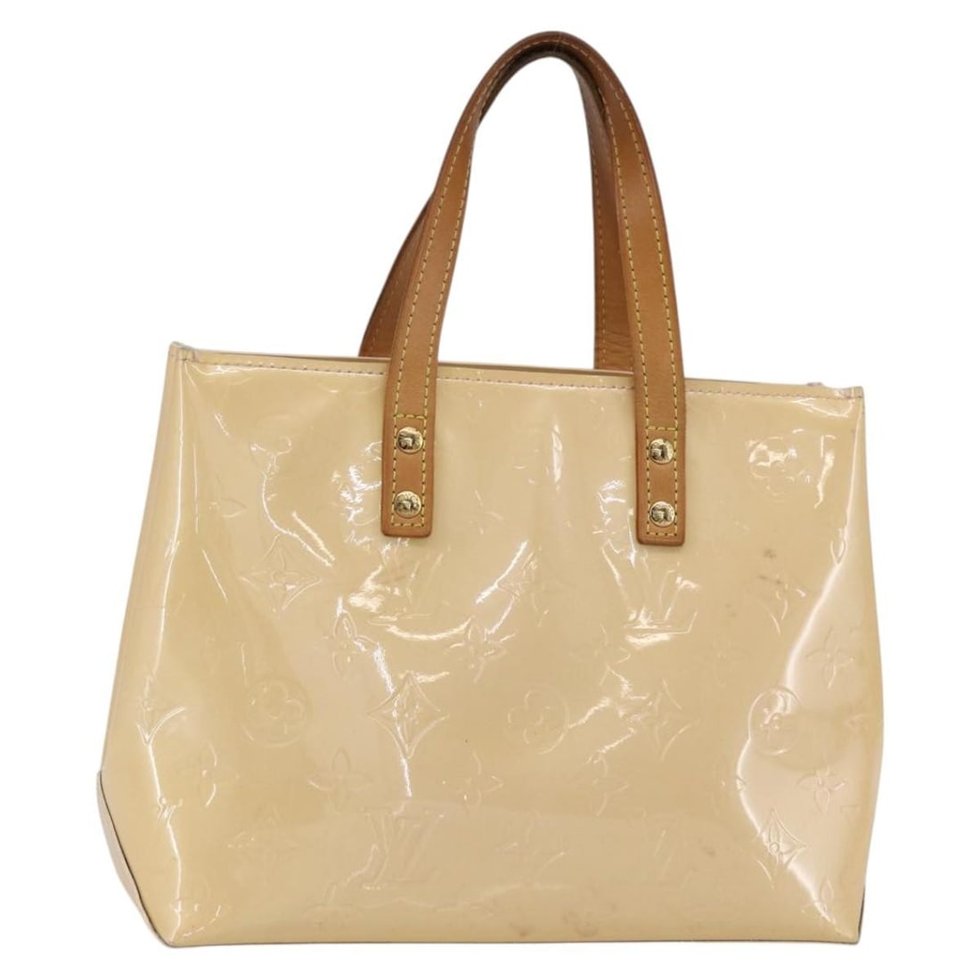 Louis Vuitton Reade Patent Leather Handbag Beige 23cm: Louis Vuitton Reade Patent Leather Handbag Beige 23cm This pre-owned Louis Vuitton Reade handbag for women features beige patent leather in a monogram Vernis finish. It has a compact design with dimen