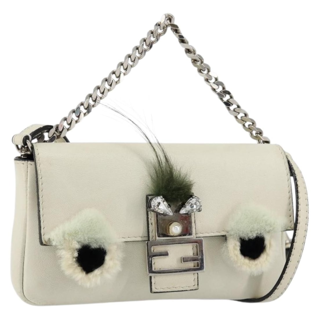 FENDI Micro Bucket Monster Leather Shoulder Bag White Green Silver Auth: FENDI Micro Bucket Monster Leather Shoulder Bag White Green Silver Auth This FENDI Micro Bucket Monster Shoulder Bag is a stylish accessory made from high-quality leather, featuring a chic combination