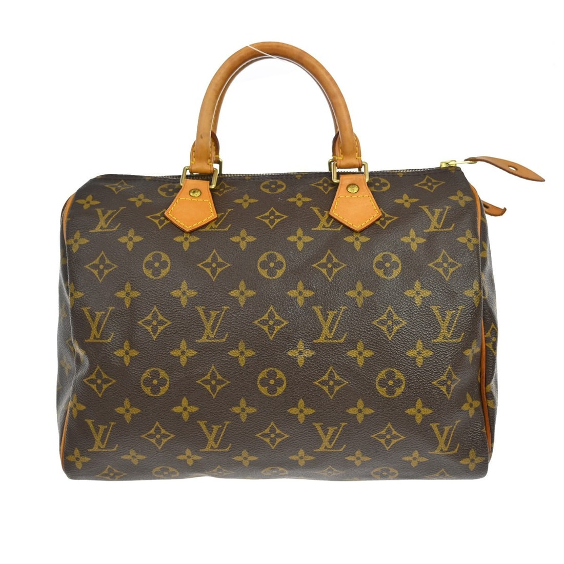 Louis Vuitton Speedy 30 Monogram Canvas Satchel with Double Leather Handles: Louis Vuitton Speedy 30 Monogram Canvas Satchel with Double Leather Handles This Louis Vuitton Speedy 30 handbag features the iconic monogram canvas exterior with beige double leather handles and a zi