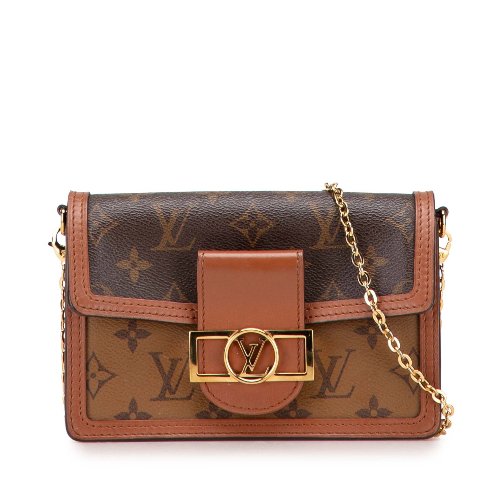 Louis Vuitton Monogram Reverse Dauphine Wallet on Chain Brown Fabric: Louis Vuitton Monogram Reverse Dauphine Wallet on Chain Brown Fabric The Louis Vuitton Monogram Reverse Dauphine Wallet on Chain combines luxury and functionality. Crafted from monogram reverse canvas