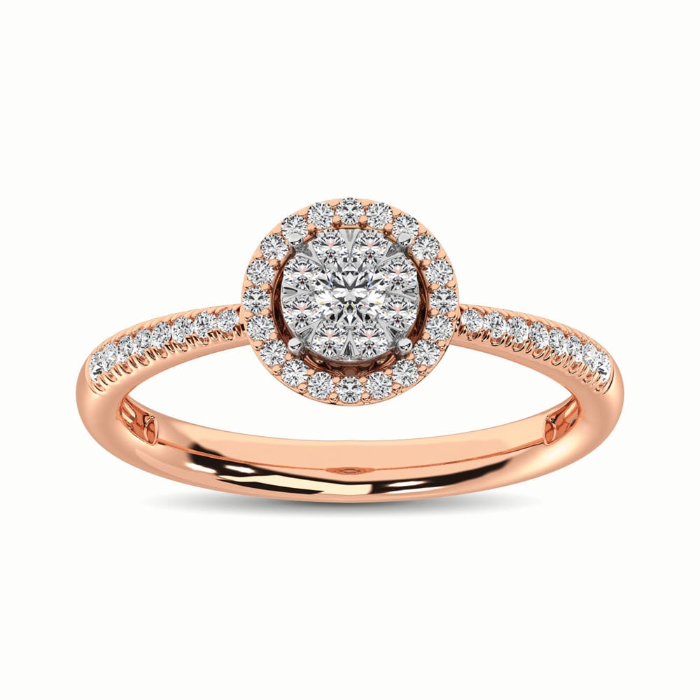 14K Rose Gold 1/3 Ct.Tw. Diamond Fashion Ring: 14K Rose Gold 1/3 Ct.Tw. Diamond Fashion Ring This glamorous ring is available in 14K Rose Gold. There are 45 round diamonds with a total carat weight of 1/3 Ct.Tw. set in a Invisible Prong/ Micro