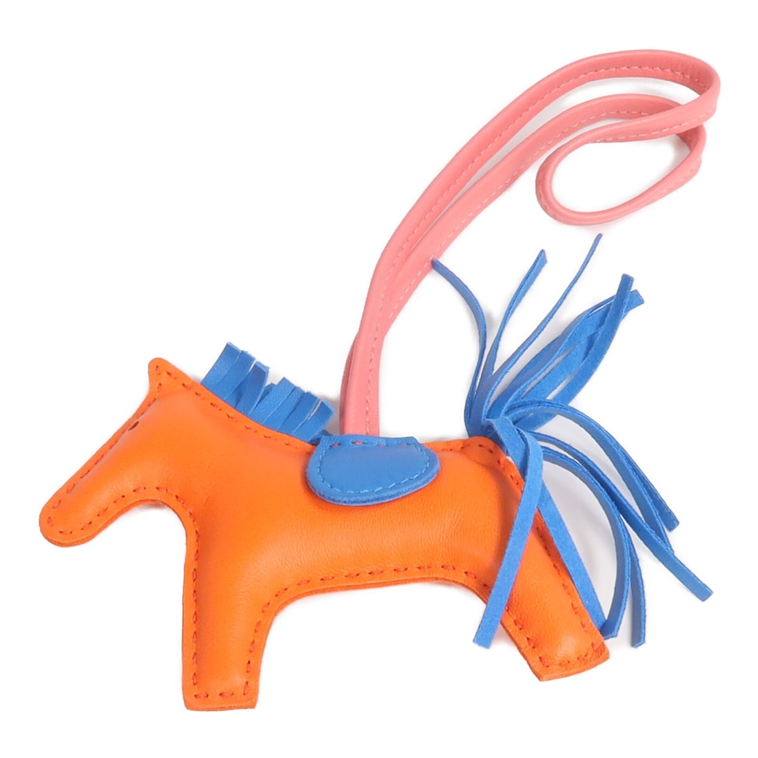 Hermes Rodeo PM Orange Pink Blue Lambskin Bag Charm: Hermes Rodeo PM Orange Pink Blue Lambskin Bag Charm This Hermes Rodeo PM Charm is crafted from Milo lambskin leather in a vibrant combination of orange, blue, and pink. Designed as a stylish accessory