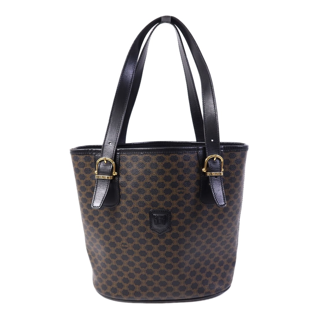 Celine Brown Calfskin Tote with Gold Hardware Black Accents: Celine Brown Calfskin Tote with Gold Hardware Black Accents This Celine tote bag features a brown calfskin leather exterior with black accents. Designed for women, it offers a classic tote silhouette 