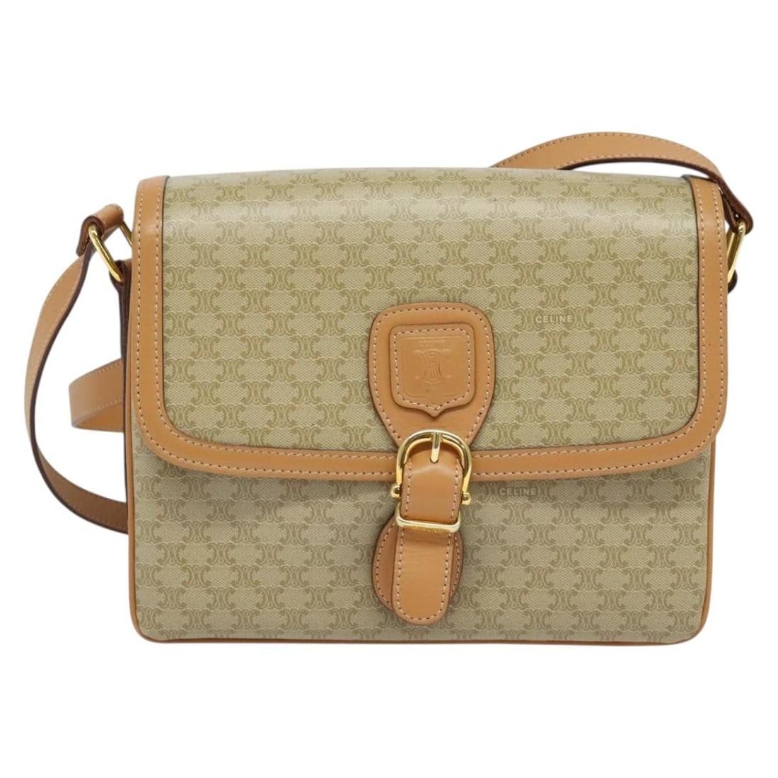 Celine Macadam Beige Canvas and Leather Women's Shoulder Bag: Celine Macadam Beige Canvas and Leather Women's Shoulder Bag This Celine Macadam shoulder bag features a beige canvas exterior with leather accents. Designed for women, the bag is crafted in Italy and