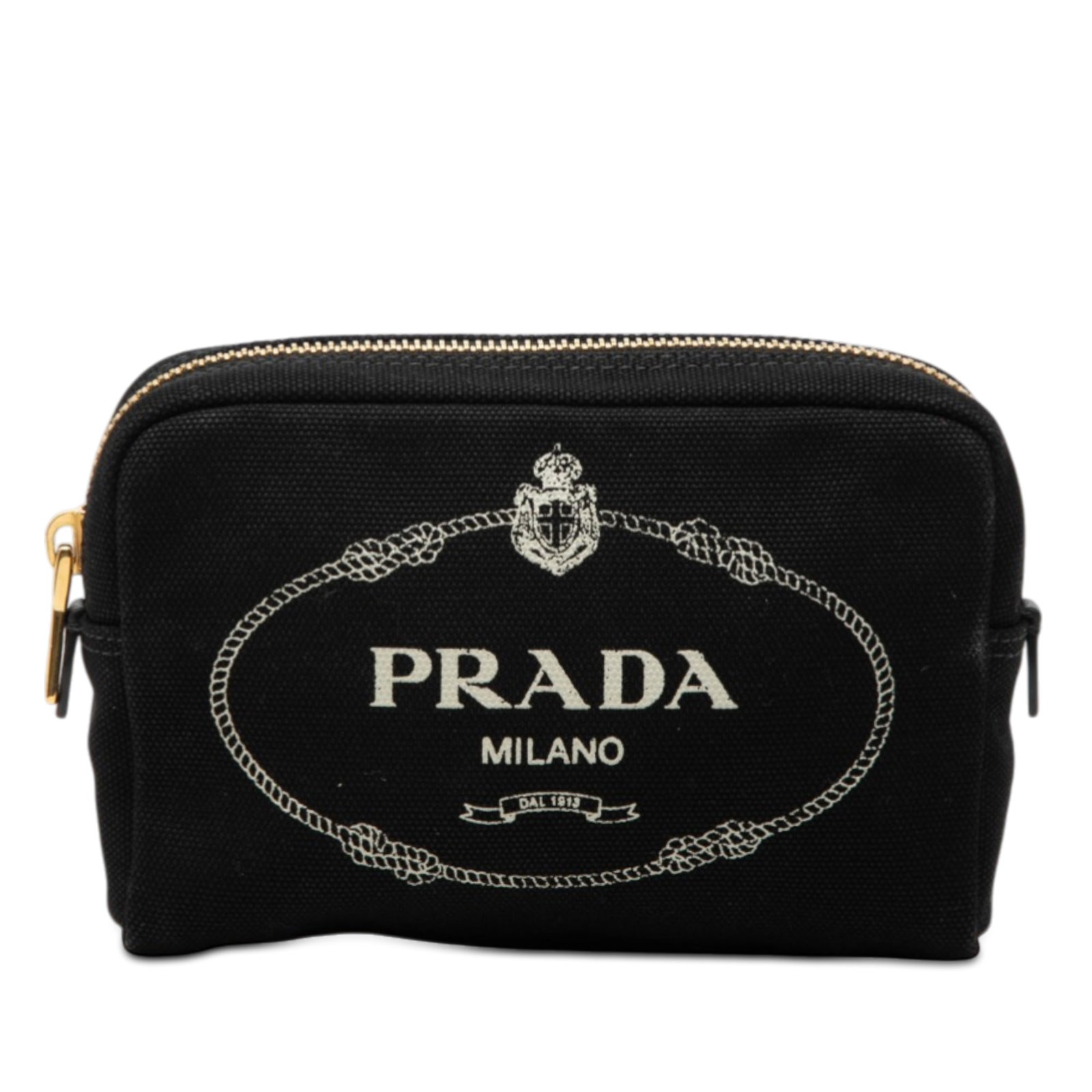 Black Fabric Pouch with Logo and Zip Pocket by Prada Canapa: Black Fabric Pouch with Logo and Zip Pocket by Prada Canapa This Prada Canvas Canapa Logo Pouch features a durable canvas exterior in black with a top zip closure and an interior zip pocket. The pouch