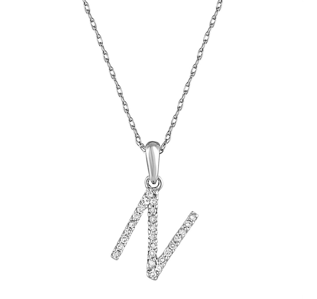 Sabrina Designs Co 14K White Gold N Pendant Diamond Necklace: Sabrina Designs Co 14K White Gold N Pendant Diamond Necklace This pre-owned necklace features a letter 'N' pendant adorned with diamonds set in 14K white gold. Designed for unisex wear, it offers a st