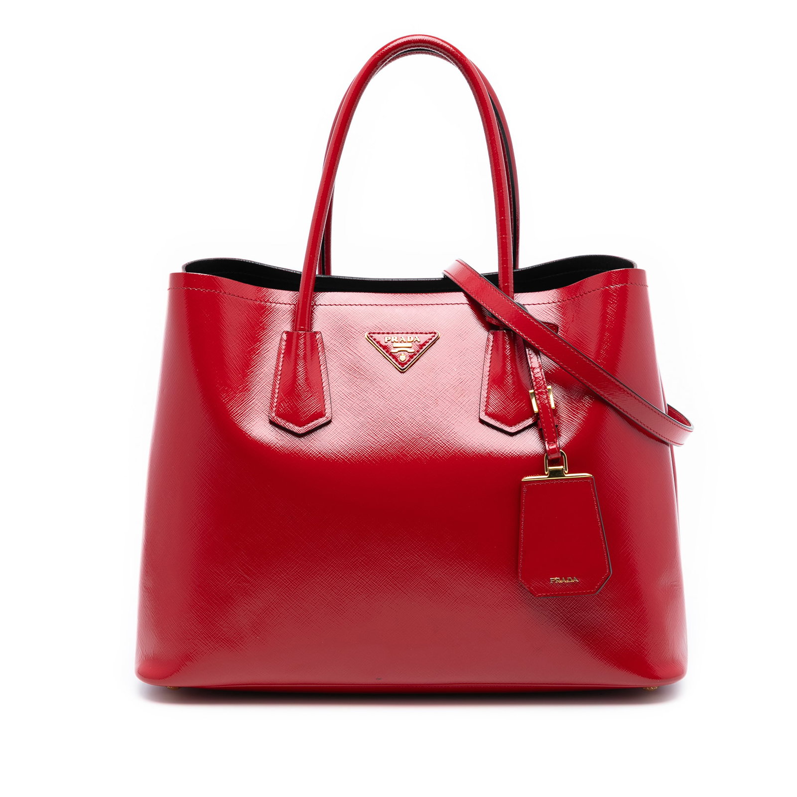 Prada Saffiano Vernice Medium Leather Satchel with Detachable Strap Red: Prada Saffiano Vernice Medium Leather Satchel with Detachable Strap Red This Prada Medium Saffiano Vernice Double Satchel is crafted from saffiano leather in red and features rolled leather handles, a