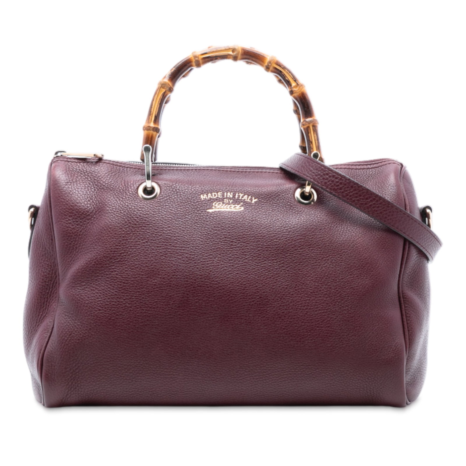 Red Leather Satchel with Bamboo Handles and Strap by Gucci Medium Bamboo Shopper: Red Leather Satchel with Bamboo Handles and Strap by Gucci Medium Bamboo Shopper This Gucci Medium Calfskin Bamboo Shopper Boston Bag features a red calf leather body, signature bamboo top handles, a 