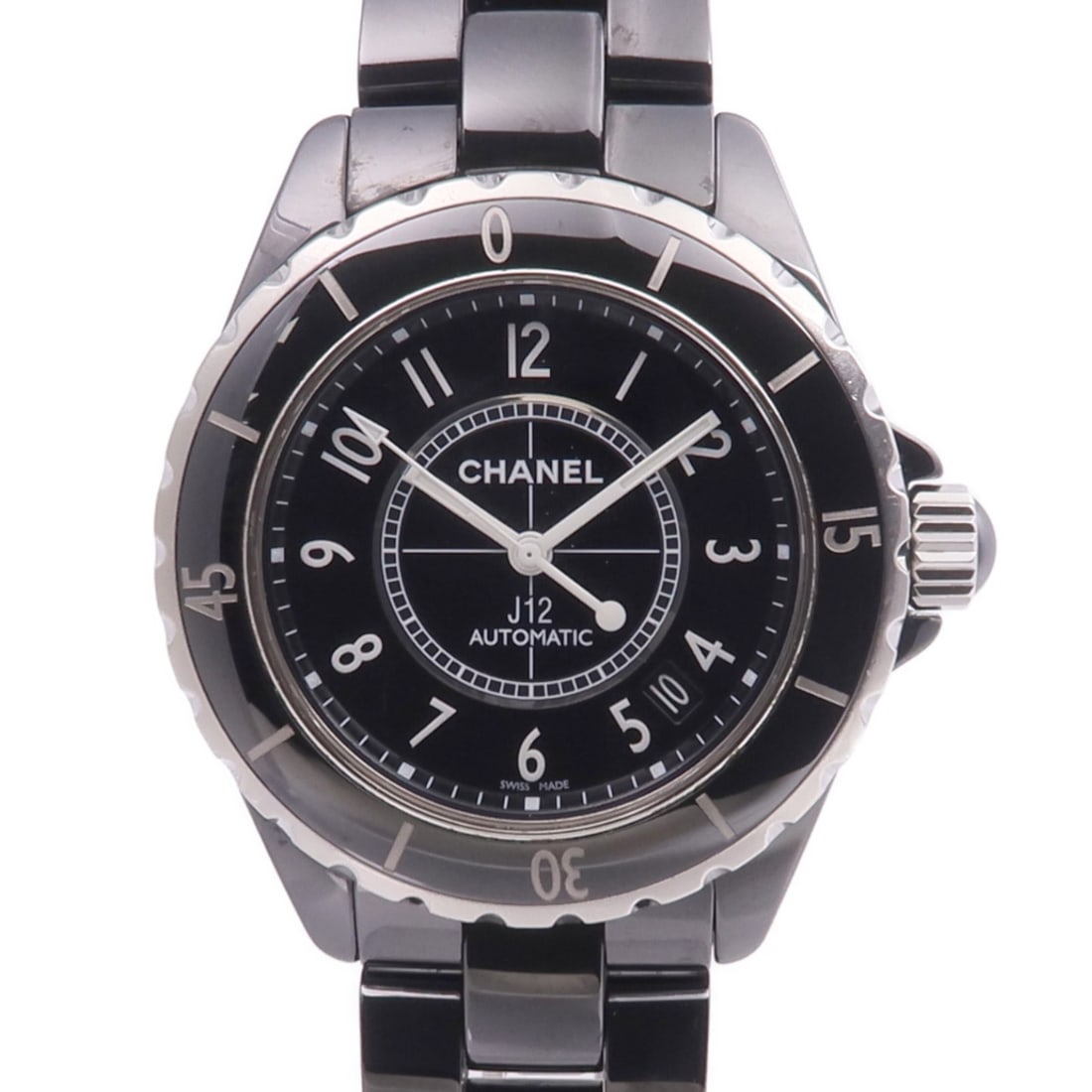 Black Ceramic CHANEL J12 Women's Automatic Wristwatch: Black Ceramic CHANEL J12 Women's Automatic Wristwatch This CHANEL J12 automatic wristwatch features a black ceramic case and band, designed for women. The watch is equipped with automatic winding move