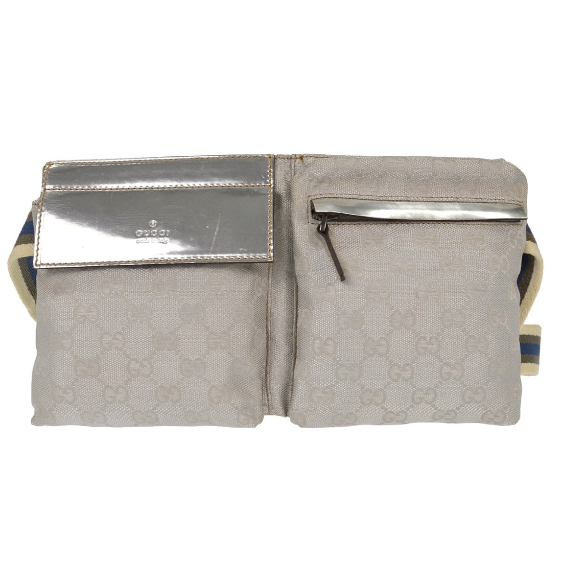 Gucci GG Canvas Silver Belt Bag Small Size Italy: Gucci GG Canvas Silver Belt Bag Small Size Italy This Gucci silver canvas GG bum bag features a sleek design crafted from canvas leather. The bag is sized small, making it ideal for casual occasions, 