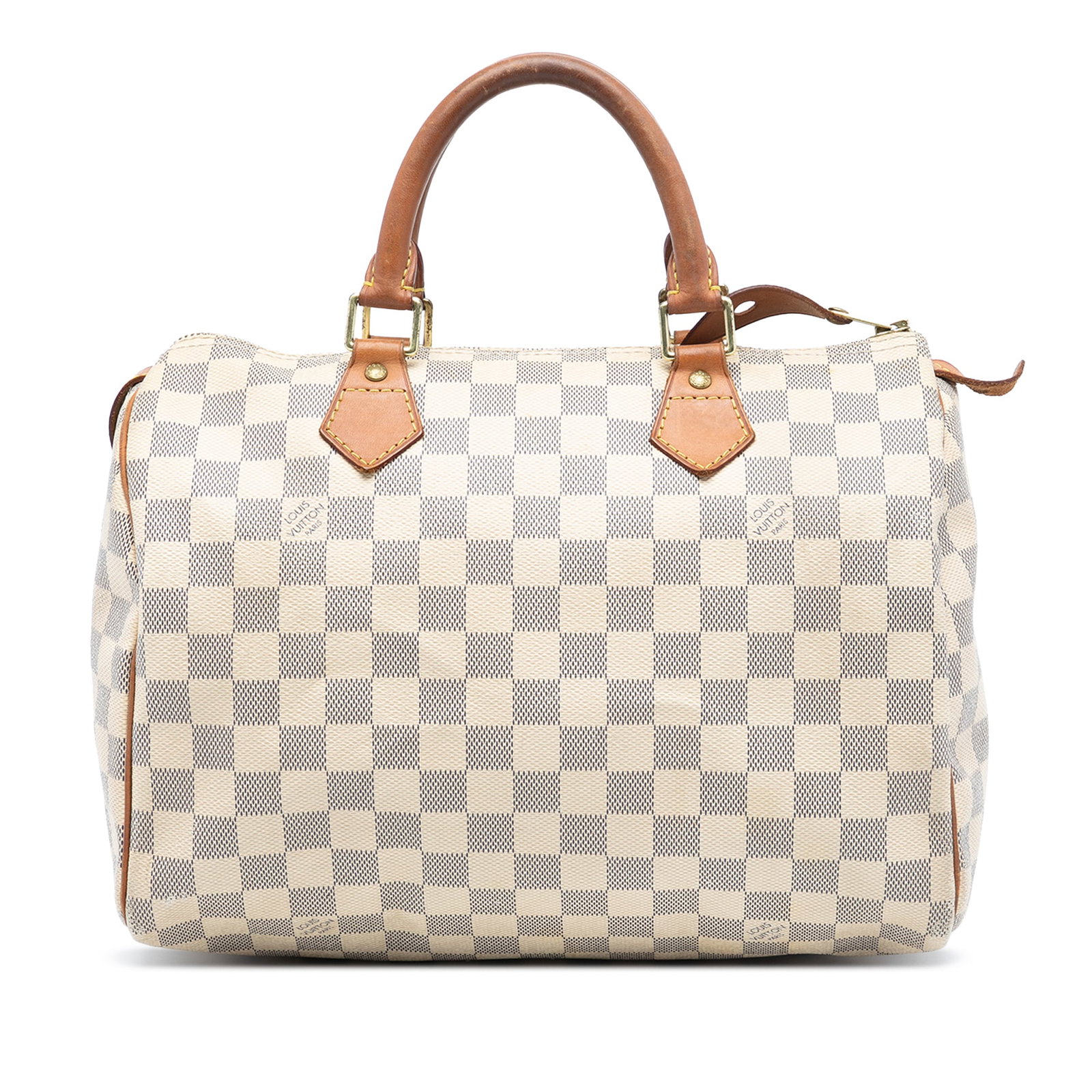 Louis Vuitton Speedy 30 Handbag Damier Azur Canvas with Vachetta Leather Trim: Louis Vuitton Speedy 30 Handbag Damier Azur Canvas with Vachetta Leather Trim This Louis Vuitton Damier Azur Speedy 30 features a damier azur canvas body with vachetta leather trim, rolled vachetta le