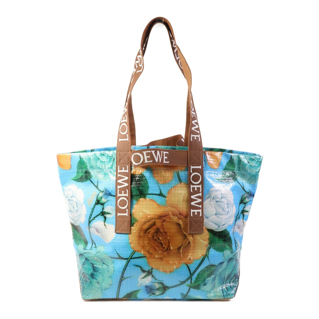 LOEWE Fold Shopper Blue Tote Bag PVC Coated Canvas 13.2" Height: LOEWE Fold Shopper Blue Tote Bag PVC Coated Canvas 13.2" Height Elevate your accessory collection with this stylish LOEWE Fold Shopper Tote Bag, designed in a striking sky blue color. Crafted from dur