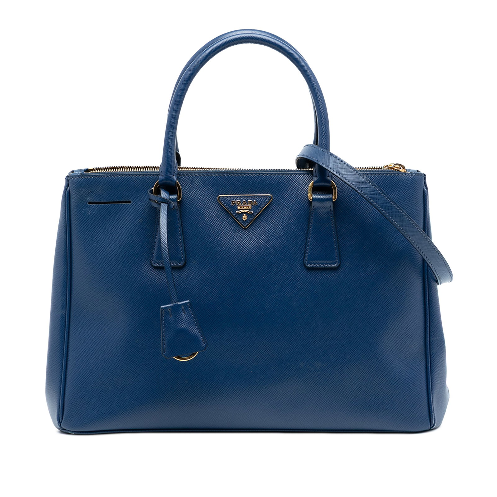 Prada Galleria Saffiano Leather Medium Double Zip Blue Satchel Bag: Prada Galleria Saffiano Leather Medium Double Zip Blue Satchel Bag This Prada Medium Saffiano Lux Galleria Double Zip Satchel features a structured silhouette crafted from blue saffiano leather. The d