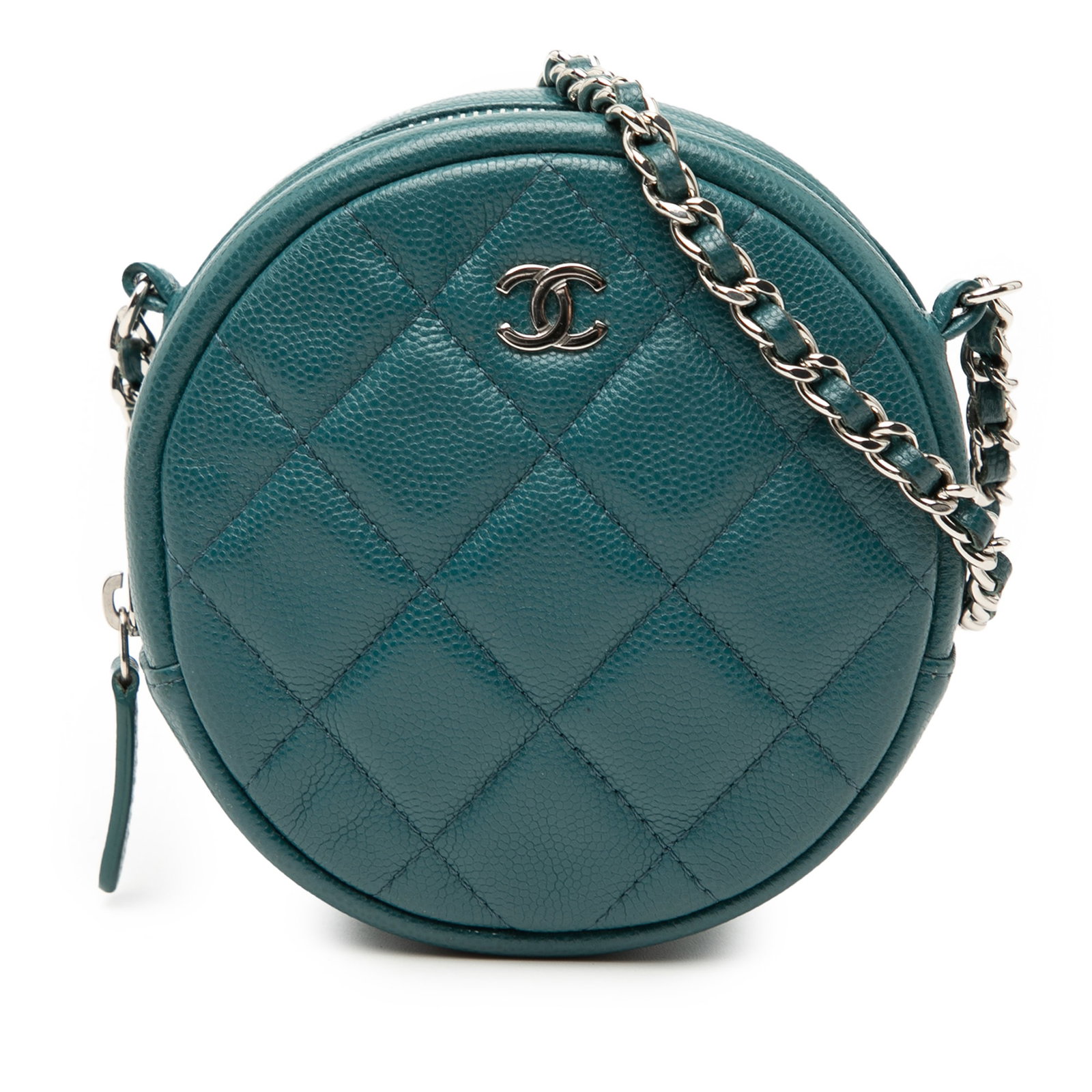 Chanel Blue Caviar Leather Round Crossbody Bag with Chain Strap: Chanel Blue Caviar Leather Round Crossbody Bag with Chain Strap This Chanel CC Quilted Caviar Round Clutch With Chain is crafted from blue quilted caviar leather and features a leather-woven chain str