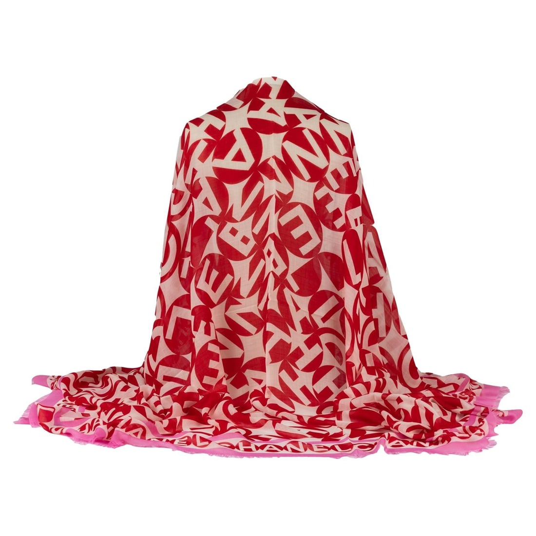 Chanel Cashmere Shawl Red White Fuchsia 52x78 Italy: Chanel Cashmere Shawl Red White Fuchsia 52x78 Italy Experience luxury with this exquisite Chanel cashmere shawl, featuring a stunning combination of white, red, and fuchsia hues. Crafted in Italy, thi