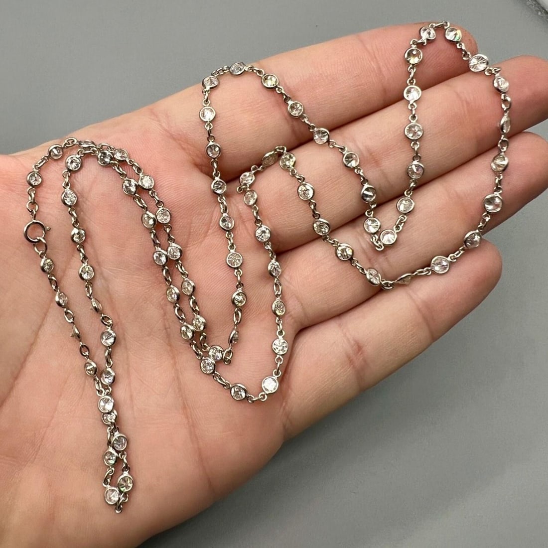 Platinum 11.60 Ct Diamond by the Yard Necklace 79 Stones: Platinum 11.60 Ct Diamond by the Yard Necklace 79 Stones Illuminate your elegance with this stunning Platinum 11.60 Ct. Diamond by the Yard Necklace. This exquisite piece features a total of 79 diamon