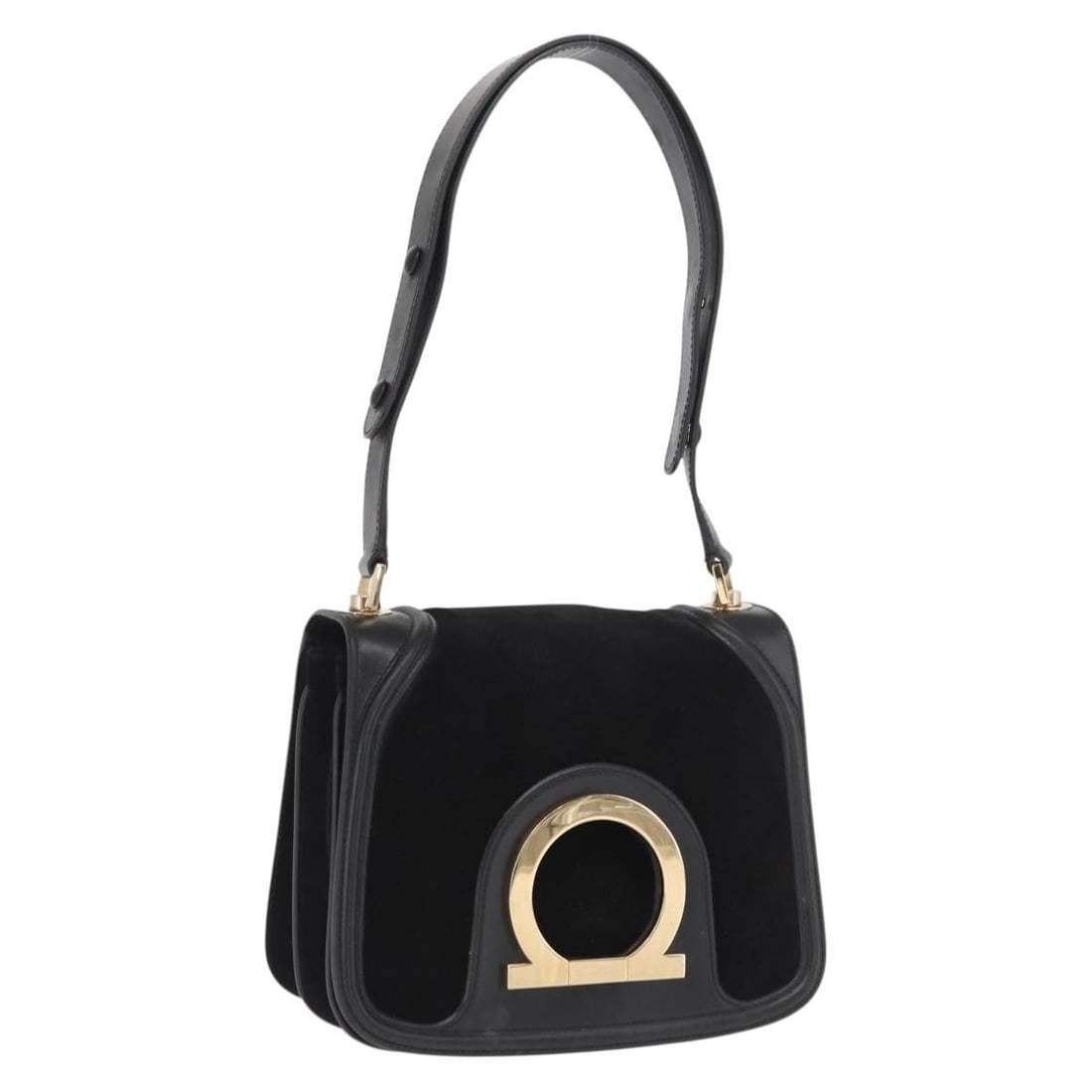 Black Suede Gancini Shoulder Purse by Salvatore Ferragamo Gold Accent: Black Suede Gancini Shoulder Purse by Salvatore Ferragamo Gold Accent This Salvatore Ferragamo Gancini shoulder bag features a black suede exterior with gold-tone accents. Crafted in Italy, it offers 
