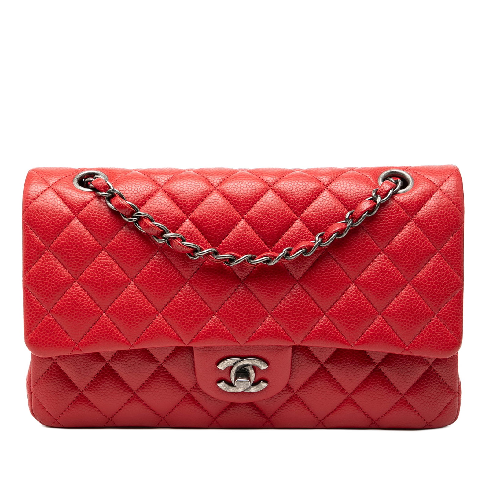 Chanel Red Caviar Leather Medium Classic Double Flap Shoulder Bag: Chanel Red Caviar Leather Medium Classic Double Flap Shoulder Bag This Chanel Medium Classic Caviar Double Flap shoulder bag features a quilted caviar leather body in red, a leather-woven chain strap,