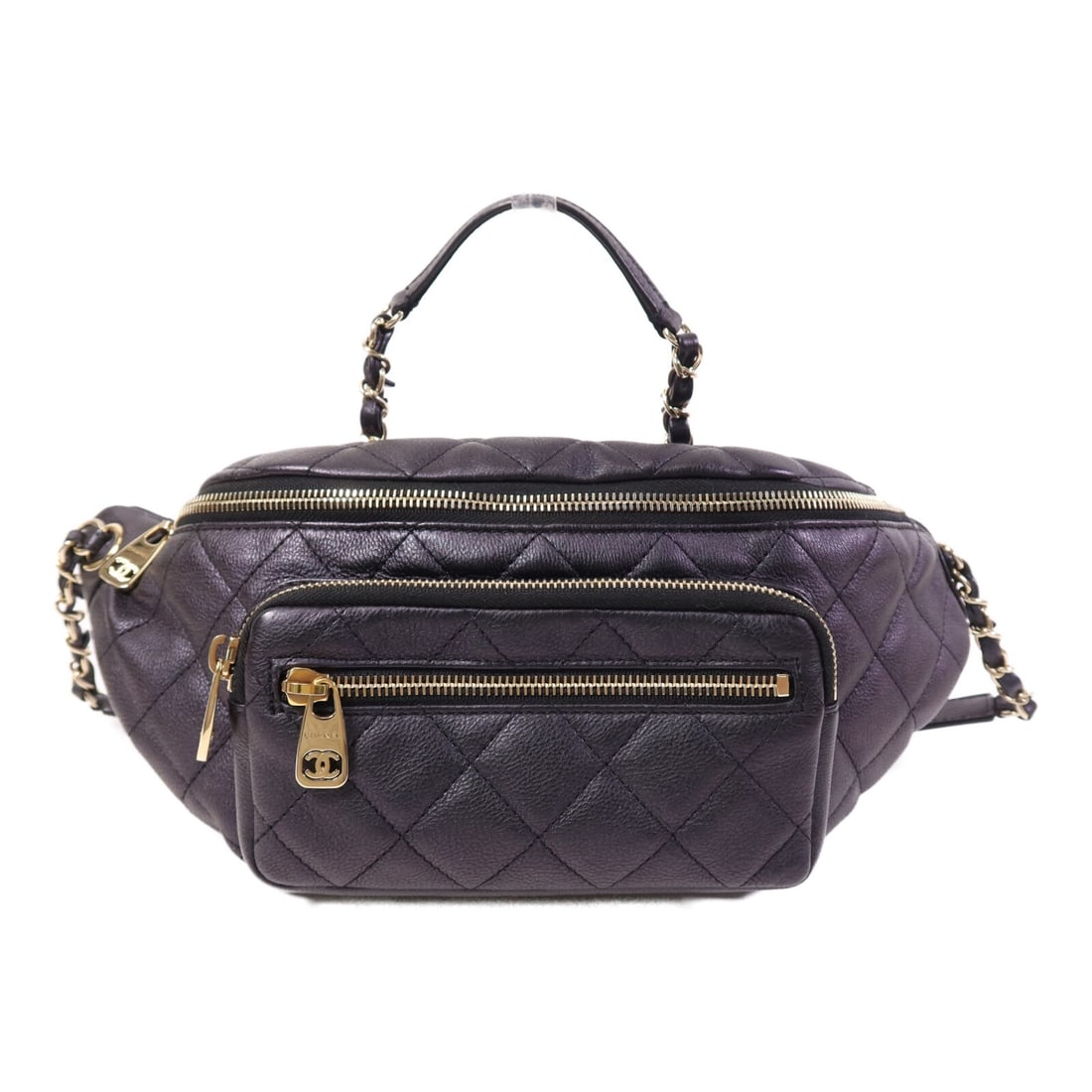 Chanel Calfskin Leather Purple Belt Bag with Gold Tone CC Hardware: Chanel Calfskin Leather Purple Belt Bag with Gold Tone CC Hardware This CHANEL CC belt bag features dazzling purple calfskin leather, complemented by gold tone hardware. With a compact and functional 