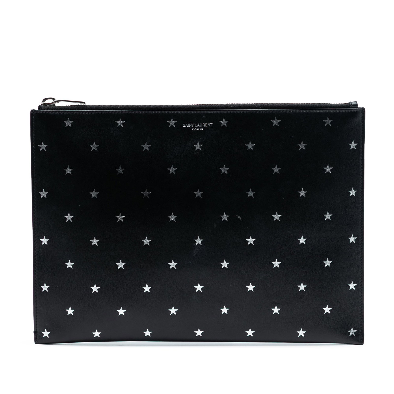 Black Leather Star Clutch Bag by Saint Laurent with Zip Closure: Black Leather Star Clutch Bag by Saint Laurent with Zip Closure This Saint Laurent Leather Star Clutch features a black leather body with a top zip closure and interior slip pockets. The clutch shows 