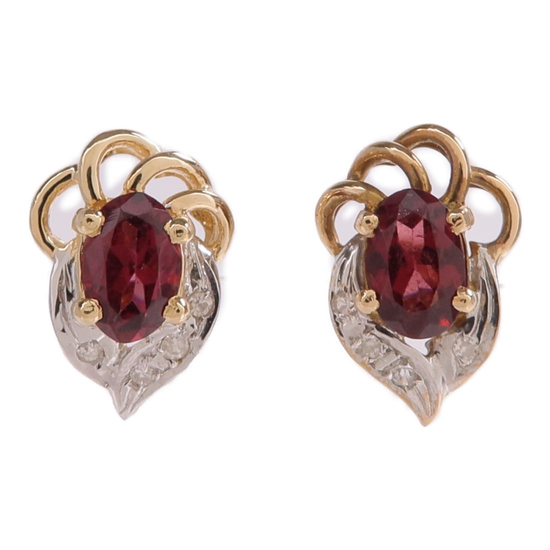 Garnet and Diamond Pierced Earrings in 14K Two Tone Gold: Garnet and Diamond Pierced Earrings in 14K Two Tone Gold These pierced earrings feature garnet gemstones accented with diamonds, set in 14K yellow and white gold. Designed for women, they offer a soph