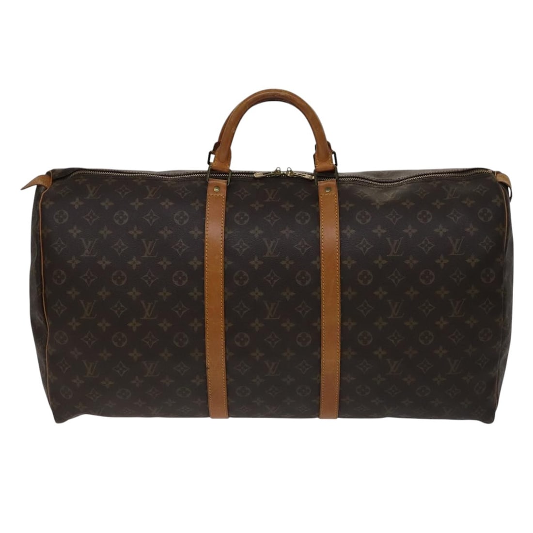 Keepall Travel Duffel in Monogram Canvas by Louis Vuitton: Keepall Travel Duffel in Monogram Canvas by Louis Vuitton This Louis Vuitton Keepall Bag features the iconic monogram canvas in brown and is designed for unisex use. The bag shows signs of wear, inclu