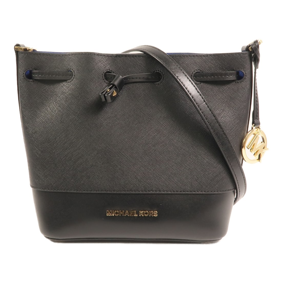 Michael Kors Black Calfskin Leather Bucket Shoulder Bag with Gold Hardware: Michael Kors Black Calfskin Leather Bucket Shoulder Bag with Gold Hardware This Michael Kors shoulder bag features a sleek bucket design crafted from black calfskin leather. Designed for regular size 