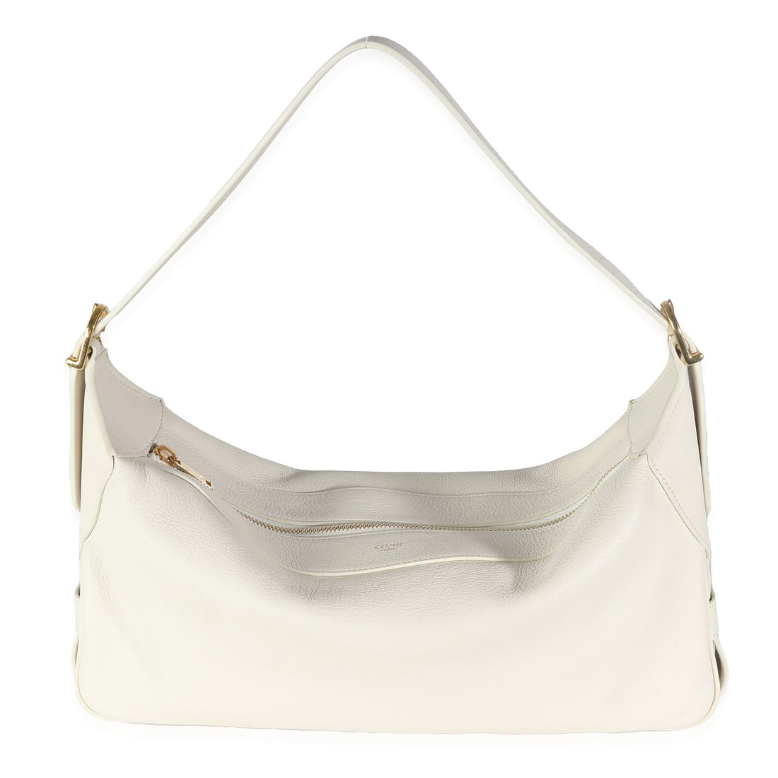 Medium Romy Shoulder Bag in White Calfskin Leather by Celine: Medium Romy Shoulder Bag in White Calfskin Leather by Celine This Celine Medium Romy shoulder bag is crafted from supple white calfskin leather and features gold-tone hardware. The bag has a zip-top c
