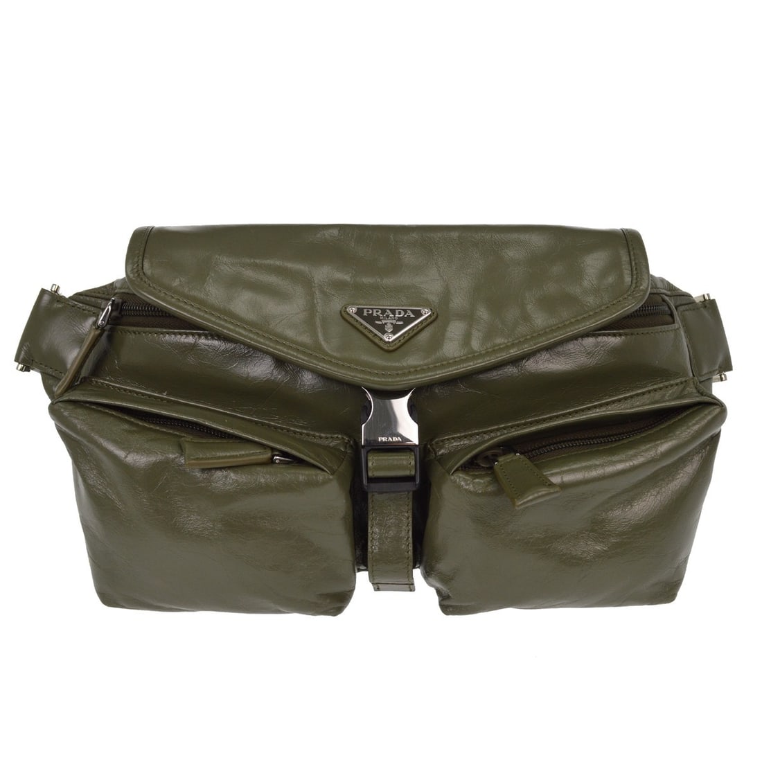 Prada 2VH174 Medium Green Leather Women's Shoulder Bum Bag: Prada 2VH174 Medium Green Leather Women's Shoulder Bum Bag This Prada green leather shoulder bum bag features a sleek and versatile design, crafted from premium leather with a signature logo accent. D