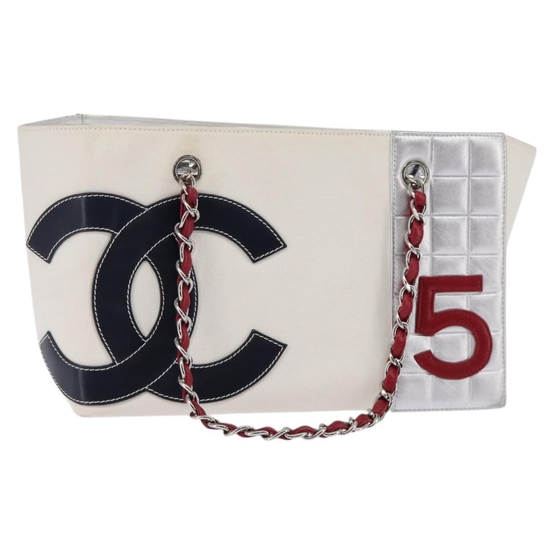 CHANEL Choco Bar Chain Tote Bag White Silver Canvas Made in Italy: CHANEL Choco Bar Chain Tote Bag White Silver Canvas Made in Italy This CHANEL Choco Bar Chain Tote Bag is a stylish accessory crafted in Italy. Made from durable canvas, it features a chic exterior in