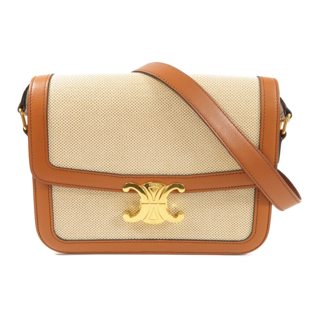 Teen Triomphe Canvas Shoulder Bag with Gold Hardware by CELINE Brown: Teen Triomphe Canvas Shoulder Bag with Gold Hardware by CELINE Brown This CELINE Teen Triomphe shoulder bag features a brown canvas exterior and is designed for women. It offers a stylish and function