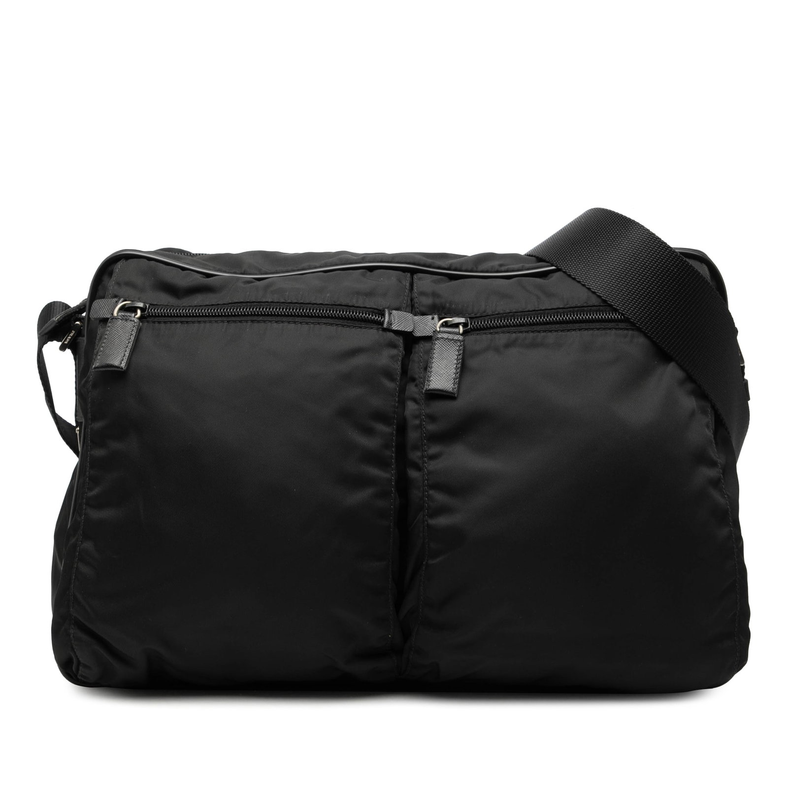 Prada Tessuto Black Crossbody Bag with Saffiano Leather Accents: Prada Tessuto Black Crossbody Bag with Saffiano Leather Accents This Prada Saffiano Trimmed Tessuto Double Zip Crossbody bag features a durable black nylon body accented with saffiano leather trim. It