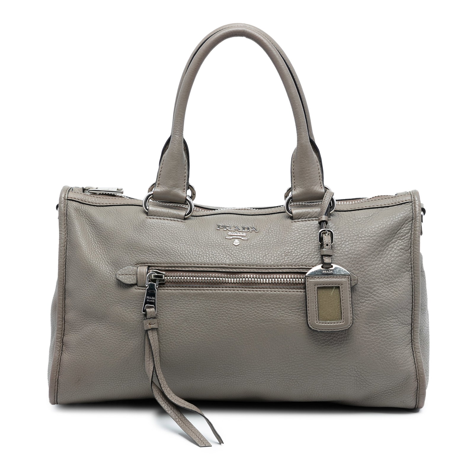 Leather Satchel by Prada Vitello Daino with Top Zip Gray: Leather Satchel by Prada Vitello Daino with Top Zip Gray This Prada Vitello Daino Zip Top Satchel features a leather body with rolled leather handles, a top zip closure, an exterior zip pocket, and in