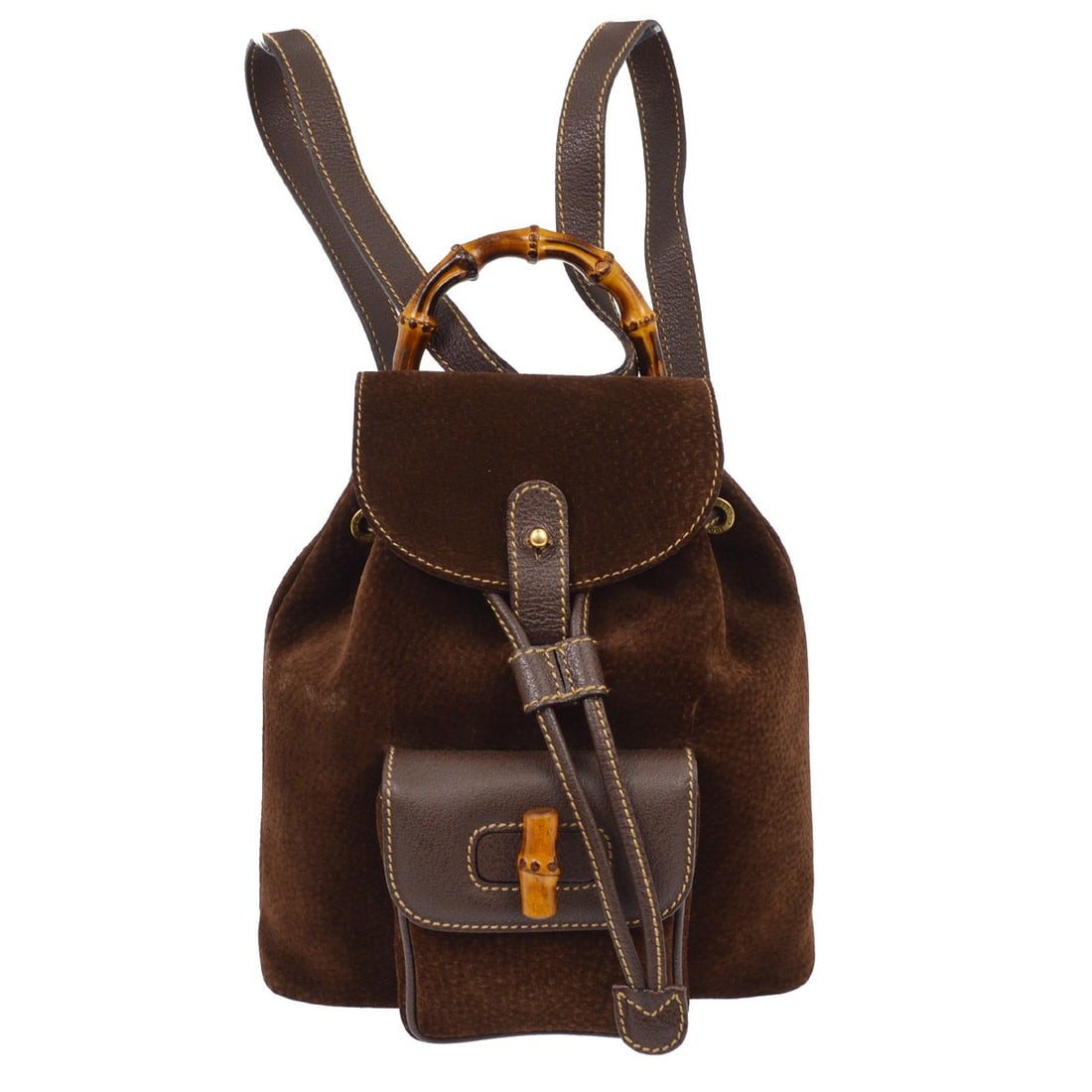 Gucci Bamboo Small Brown Suede Leather Backpack Bag 003.1998.0030: Gucci Bamboo Small Brown Suede Leather Backpack Bag 003.1998.0030 This Gucci Bamboo backpack is crafted from brown suede leather and features the iconic bamboo handle design. Designed for women, this 