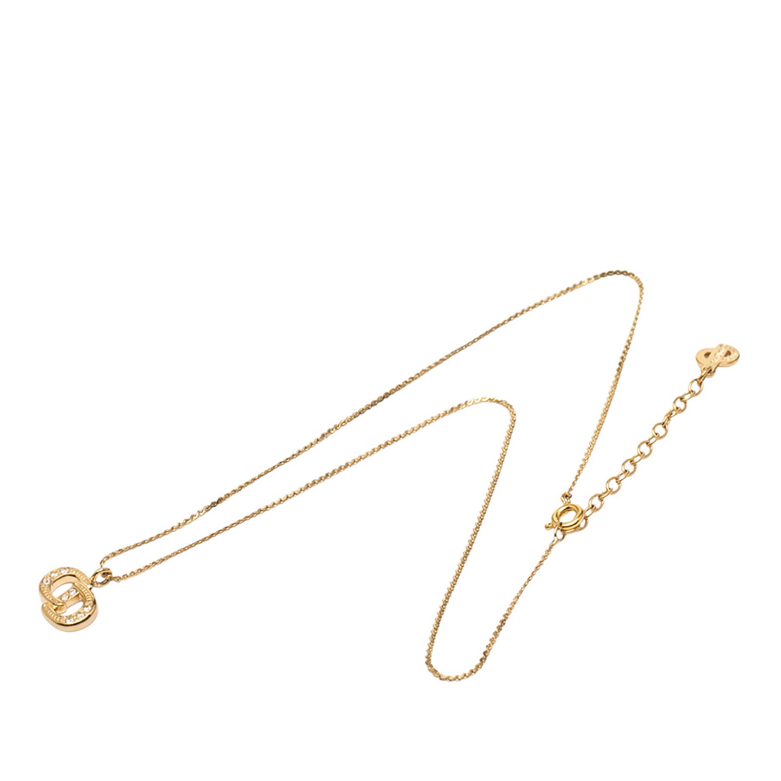 Dior Rhinestone Pendant Necklace with Gold Tone CD Logo: Dior Rhinestone Pendant Necklace with Gold Tone CD Logo This Dior necklace features a gold-tone metal body with a rhinestone-embellished CD logo pendant and a spring ring closure. The piece is a costu