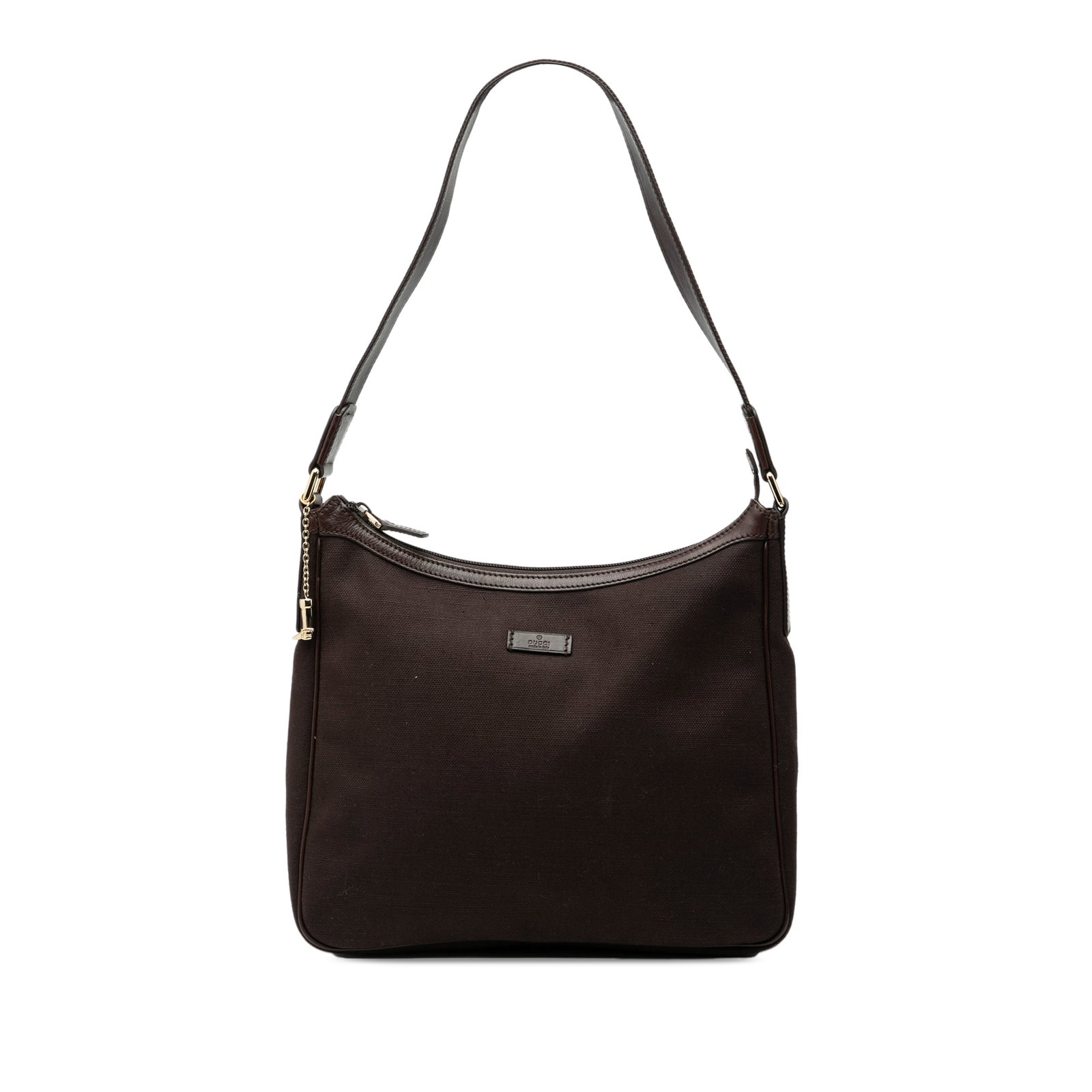 Gucci Brown Canvas and Leather Shoulder Purse with Zip Closure: Gucci Brown Canvas and Leather Shoulder Purse with Zip Closure This Gucci shoulder bag features a brown canvas body with leather trim, a flat leather strap, a top zip closure, and an interior zip pock