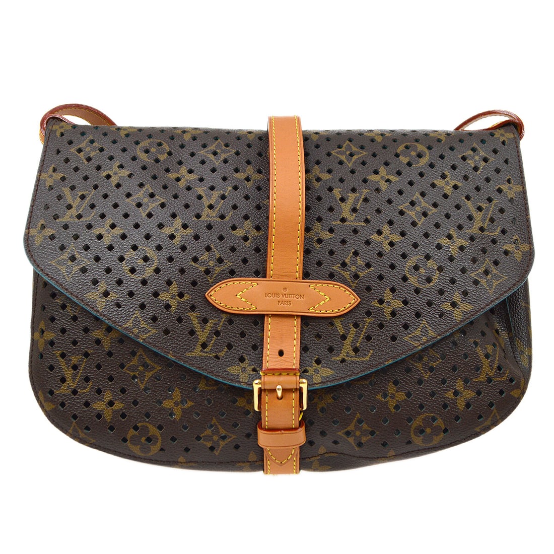 Louis Vuitton Saumur 30 Messenger Bag Monogram Perfo Brown Blue Gold-Plated Hardware: Louis Vuitton Saumur 30 Messenger Bag Monogram Perfo Brown Blue Gold-Plated Hardware Introducing the stylish Louis Vuitton Monogram Perfo Saumur 30 Shoulder Bag, a perfect blend of functionality and e